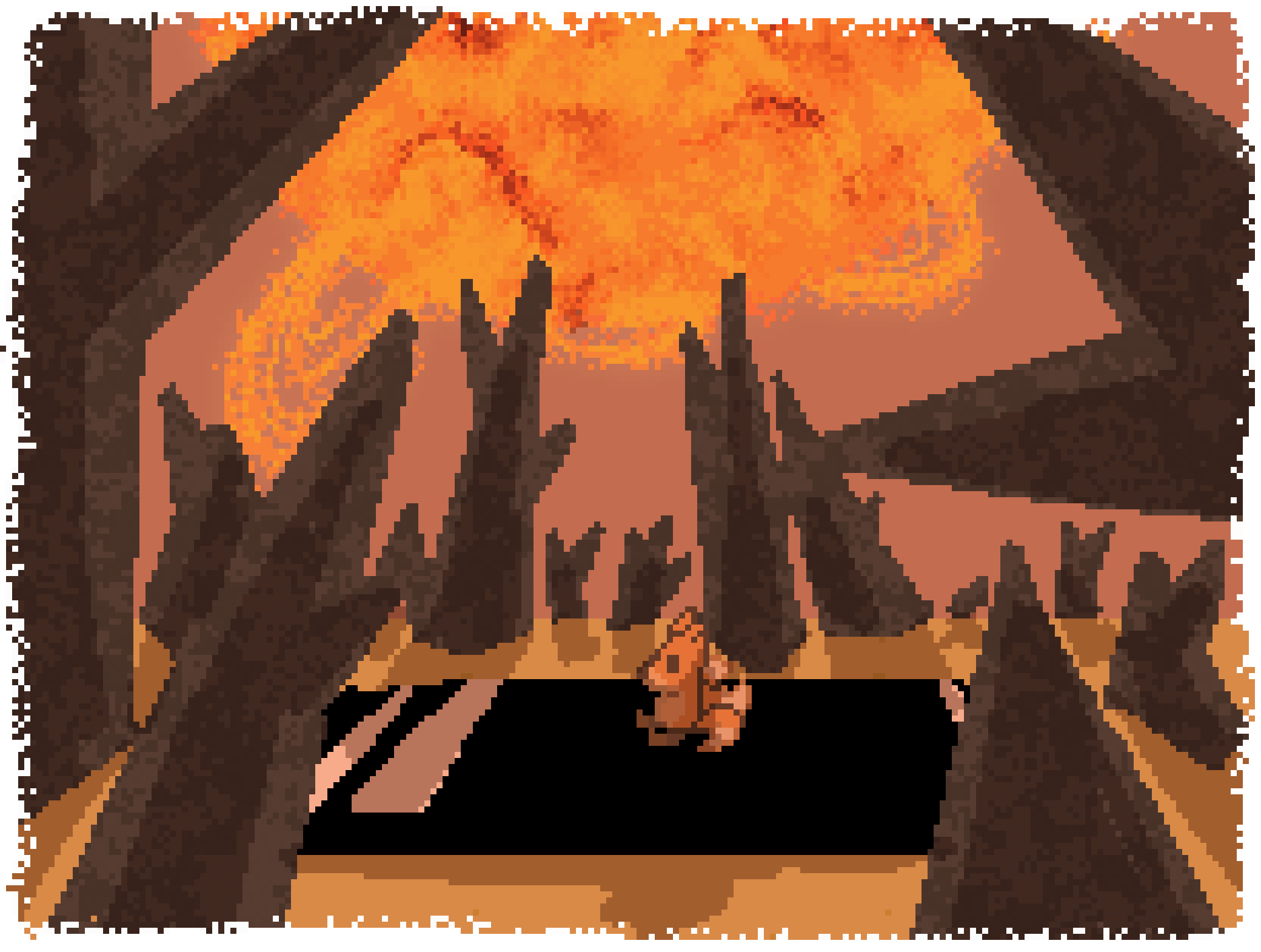 bee sitting on an obsidian platform surrounded by giant concrete thorns, as a red giant star swallows the planet