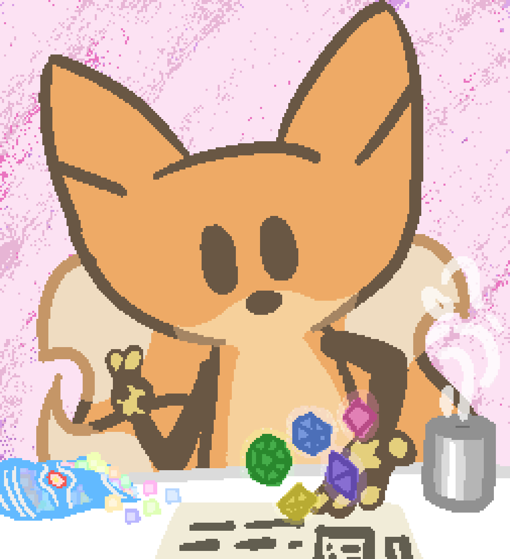 bee rolling a set of dice on top of star character sheet, next to star on the table is a cup of tea and rainbow popcorn