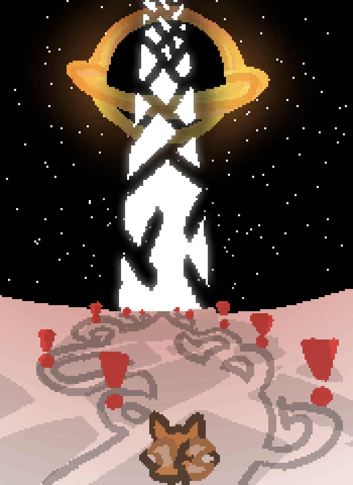 bee standing ahead a path with many smaller paths branching and recombining, each with a red exclamation mark upon it. at the end of the path, far into the distance, an enormous shattered tower stands, its pieces held in place by an unseen force, glowing so bright that it even makes the accretion disk behind it appear dim