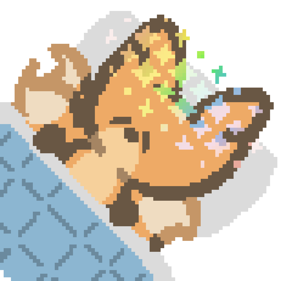 bee laying under a quilt with rainbow stars floating above star, comfy and eepy