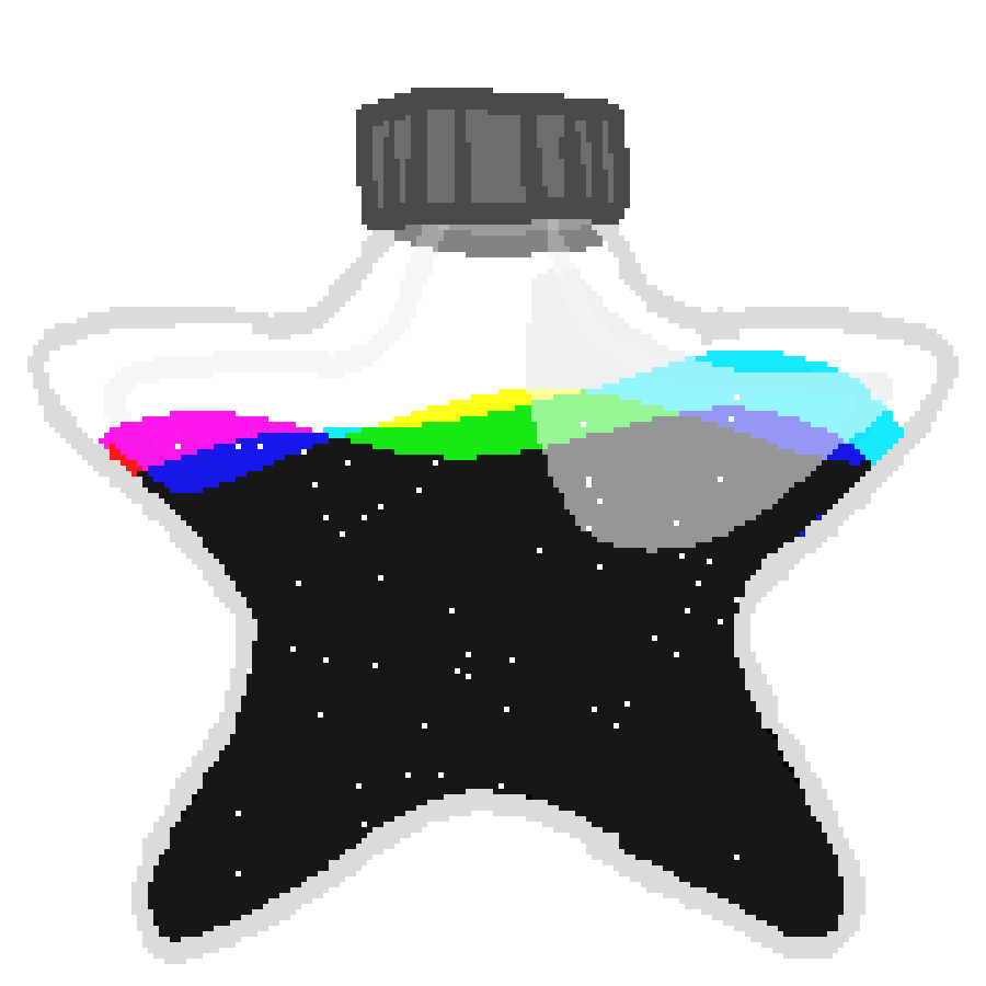 a jar in the shape of a star containing an inky black fluid, with CMYK foam, and white specks as if a clear night sky