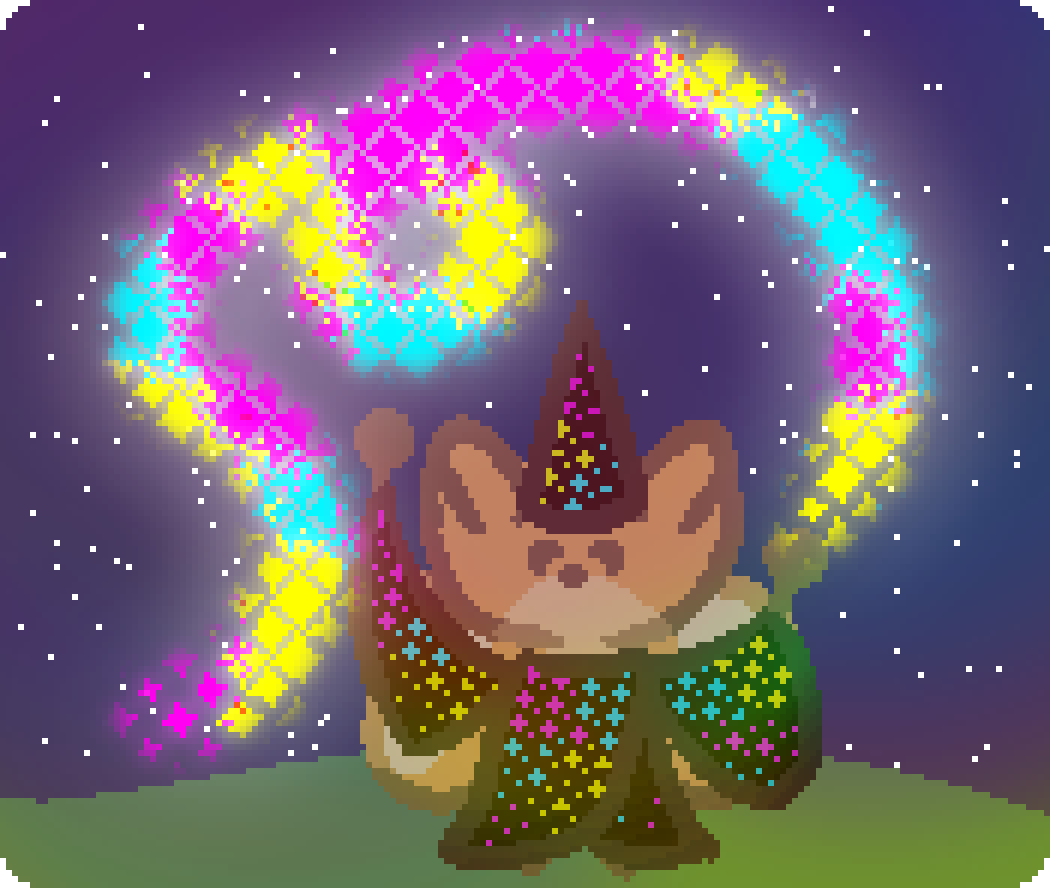 on a dark summer night, there is bee in a black cloak covered in stars, creating stars appear floating in the air above star