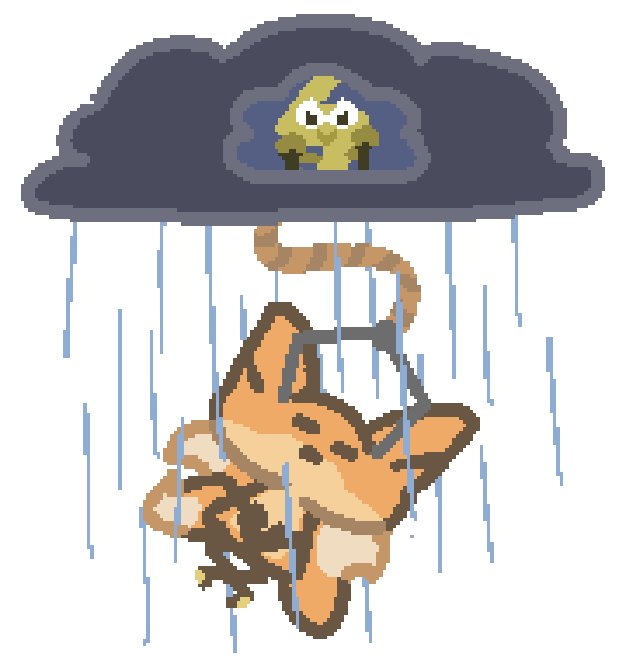 bee very grumpily being carried by a cloud piloted by a lightning bolt with a giant claw