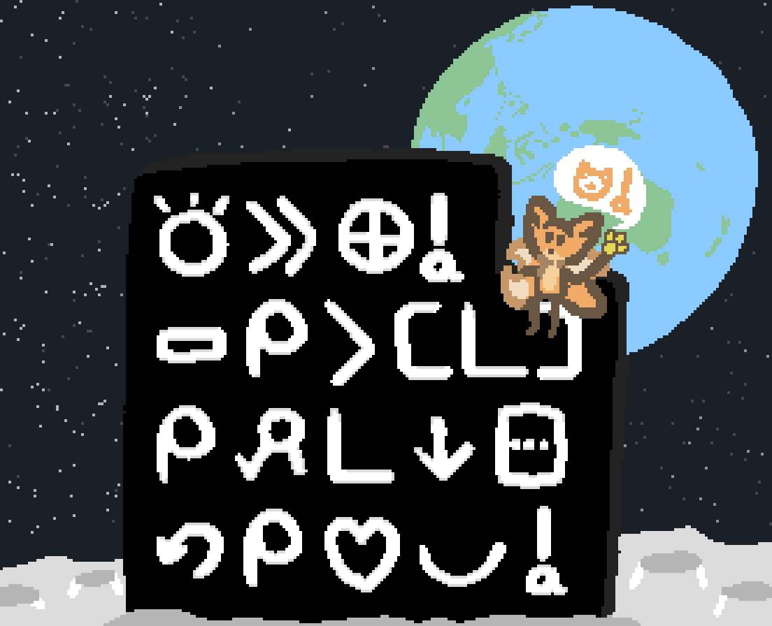 bee sitting on a giant obelisk on the moon, the obelisk has toki pona on it. text below