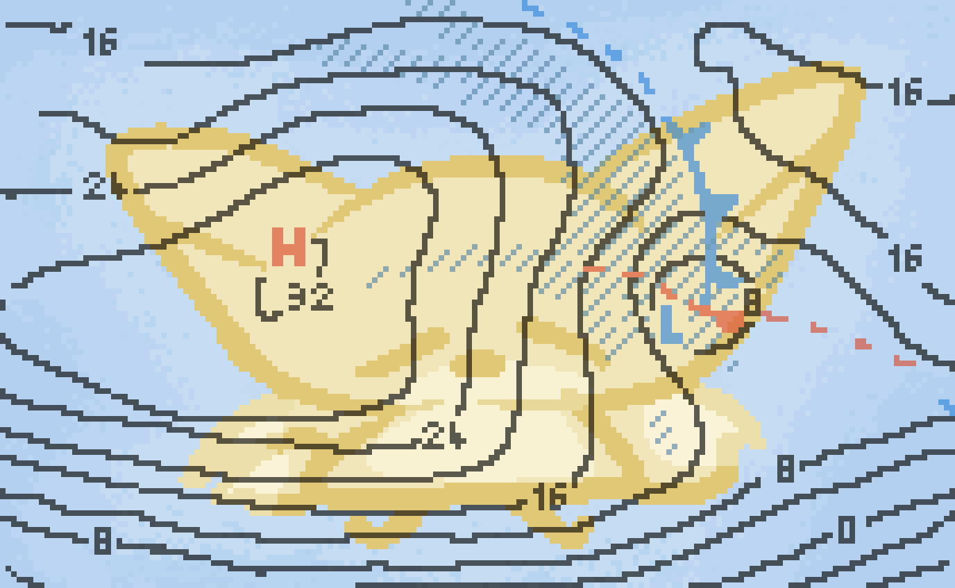 bee as a weather map, showing various pressures across star as well as warm and cold fronts and rain forecast