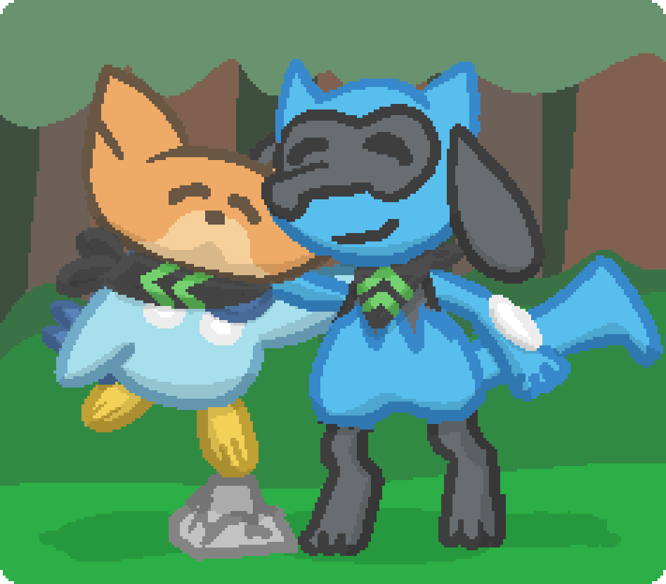 bee dressed as a piplup and rei the riolu both wearing harmony scarves and posing together for the image
