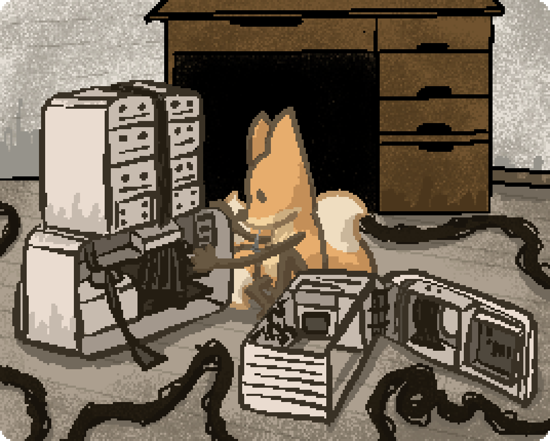 bee working on a Navi system imitating a scene from lain of the wired