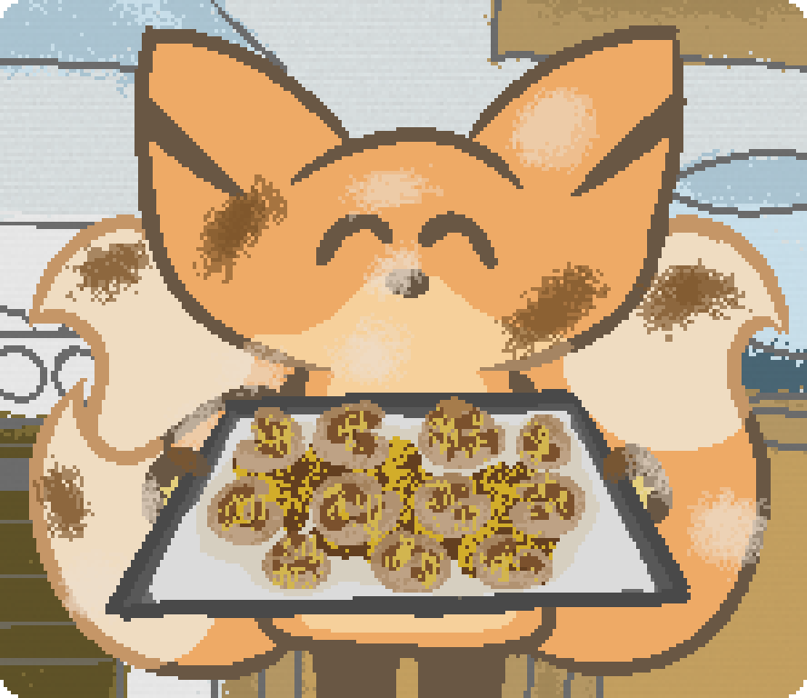 bee is covered in vegemite and flour, holding a tray of misformed cheesymite scrolls, its clear that the internals have left the bread and gotten everywhere, but there are two perfect ones