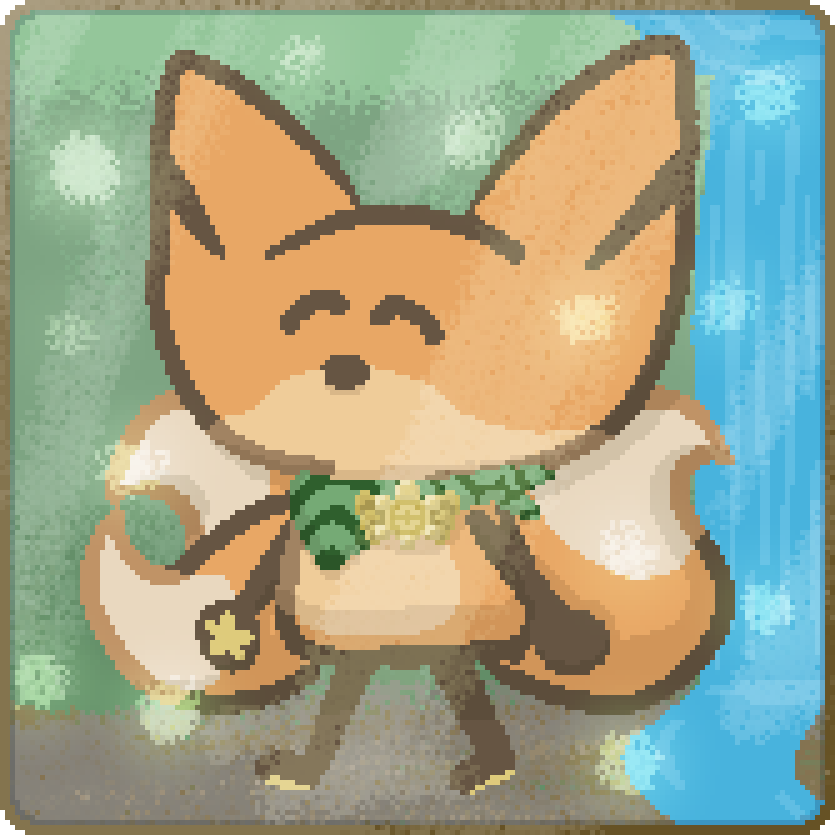bee happily walking in a grass dungeon with sun beams pouring down upon star. star is wearing a harmony scarf and an expedition society badge
