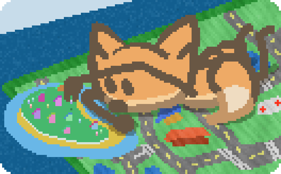 bee laying on a city play mat, moving little figures around an island toyset