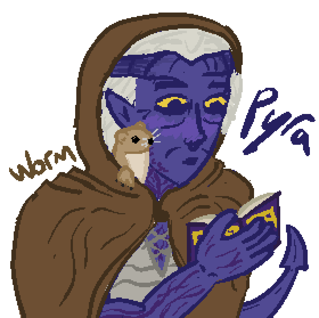 a purple tiefling with white hair and deep purple veins, in a brown hooded cloak, they are holding a purple spellbook, and a weasel is poking out of their hood.