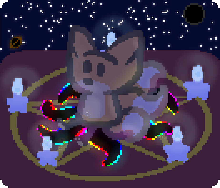 bee being summoned on a golden star, with shadowy energy tentacles expanding from star, 5 star shaped candles at each point of the summoning circle, and a new moon and black hole in the night sky