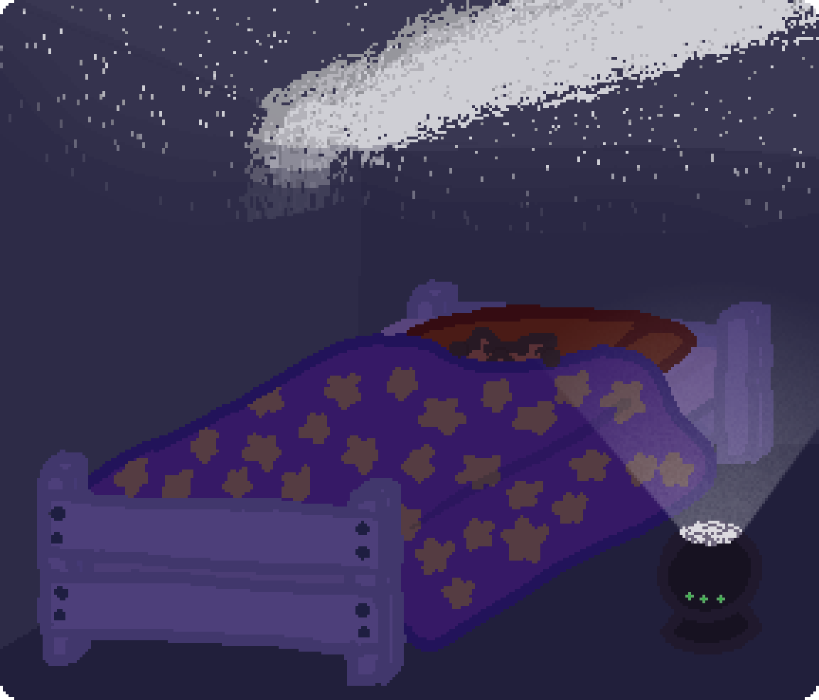 bee tucked into a bed several times too big for star, under a star projector in a dark room