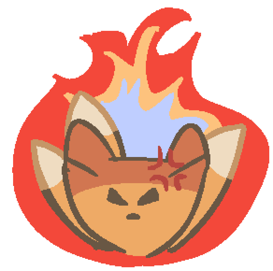 A three tailed fox looking angry and enveloped in flames in a paperdoll head style