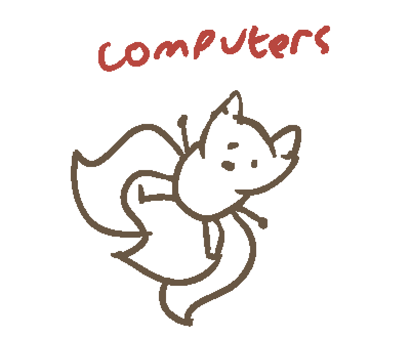 a three tailed fox laying on the ground with the word "computers" above them