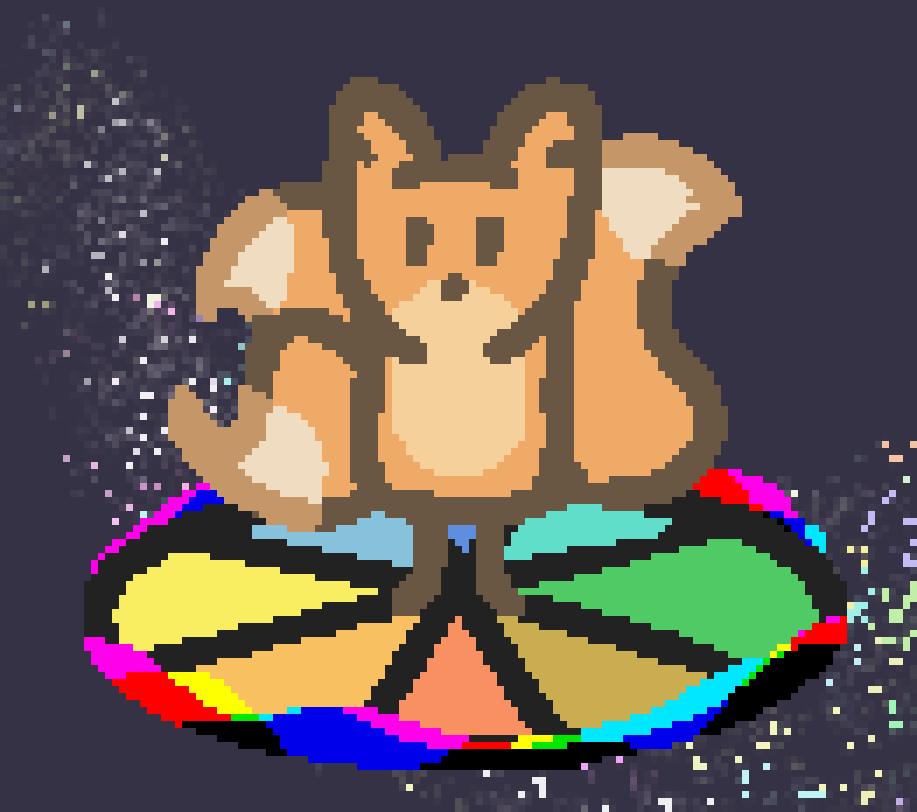 A three tailed fox standing upon a wheel with eight different colour segmants with energy surging from it